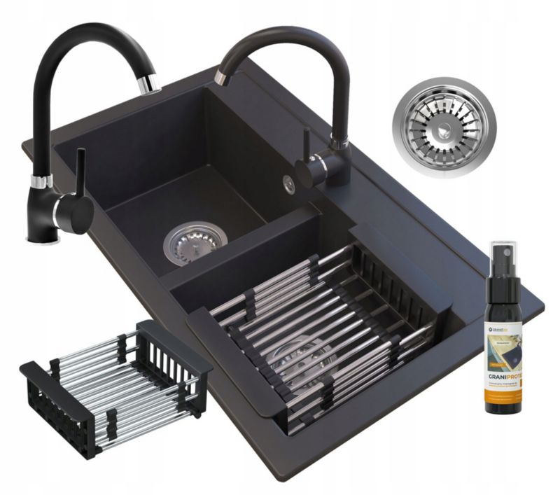 Zlewozmywak Granitowy Granitan Duet Dwukomorowy z ociekaczem Baterią i Syfonem 1kpl.