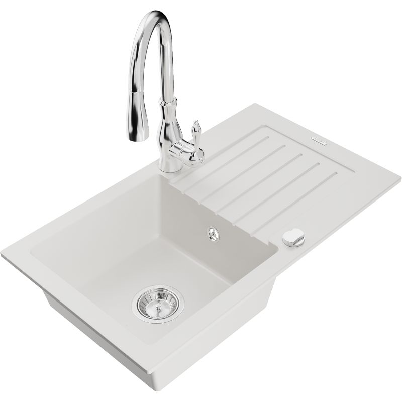 Zlewozmywak granitowy 1-komorowy Mexen Pablo z ociekaczem i baterią kuchenną Savita biały - 6510-20-672601-70 1 szt.