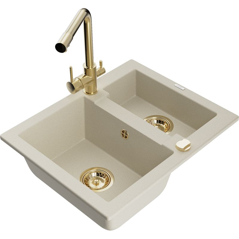 Zlewozmywak granitowy 1.5-komorowy Mexen Carlos z baterią kuchenną Duero beżowy 6518-69-671600-50