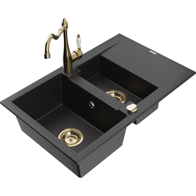 Zlewozmywak granitowy 1.5-komorowy Mexen Gaspar z ociekaczem i baterią kuchenną Carla czarny/srebrny metalik 6507-73-670700-50