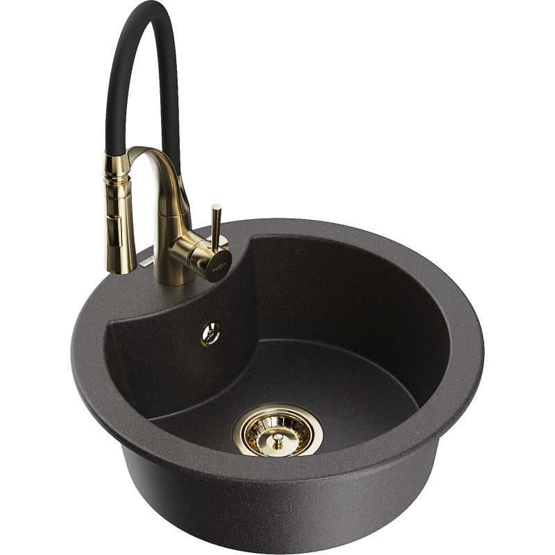 Zlewozmywak granitowy 1-komorowy Mexen Diego z baterią kuchenną Aster czarny nakrapiany - 6512-76-73450-57-B 1 szt.