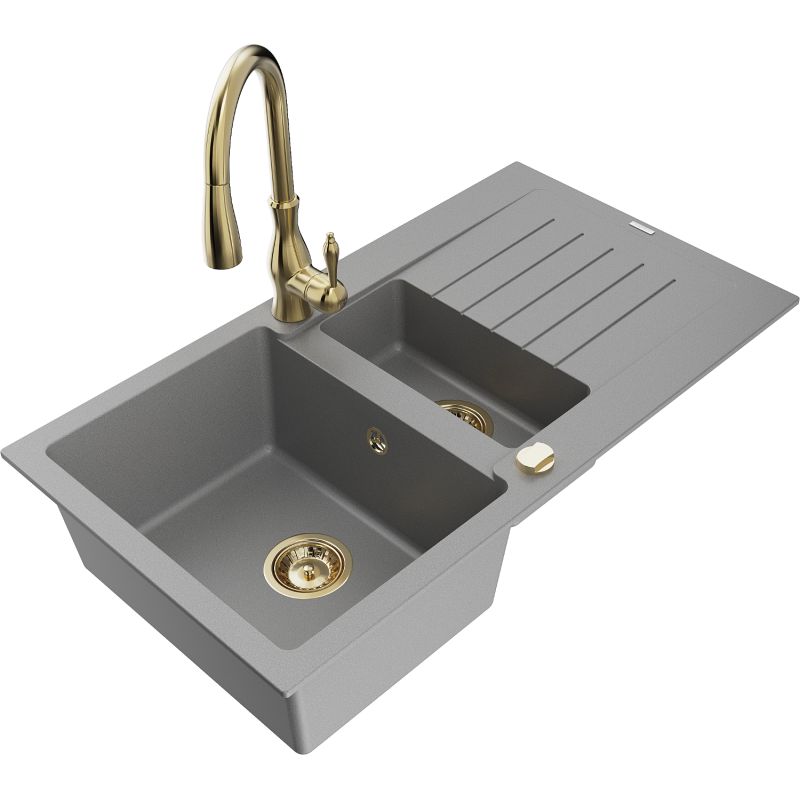 Zlewozmywak granitowy 1.5-komorowy Mexen Matias z ociekaczem i baterią kuchenną Savita szary 6502-71-672601-50