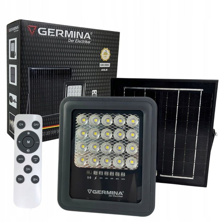 Naświetlacz LED Germina lampa solarna 50W IP65 5000K + pilot 1kpl.