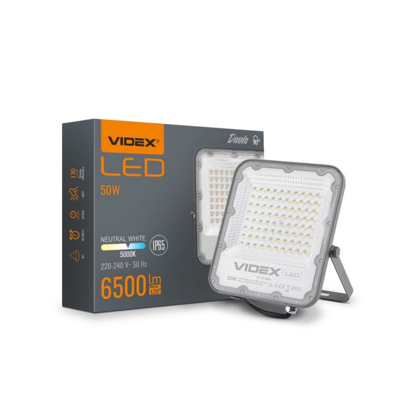 Naświetlacz LED Videx szary LED 50W 5000K 6500lm IP65 wym: 22,79 x 20,45 x 2,9 cm aluminium - 1 szt.
