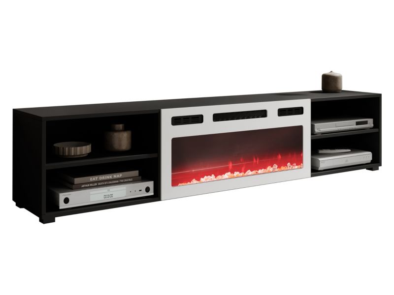 Szafka RTV z kominkiem MIRJAN 24 Polo 180 czarny + biały kominek 1 szt.