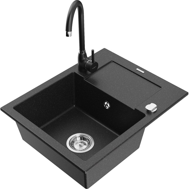 Zlewozmywak granitowy 1-komorowy Mexen Enzo z ociekaczem i baterią kuchenną Telma czarny/złoty - 6506-75-670200-70 1 szt.