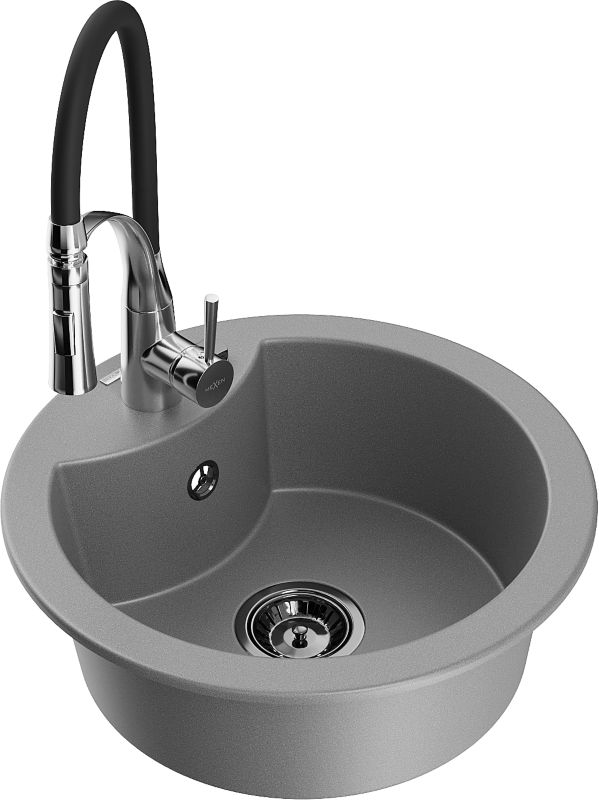 Zlewozmywak granitowy Mexen Diego 1-komorowy z baterią kuchenną Aster szary 6512-71-73450-07-B