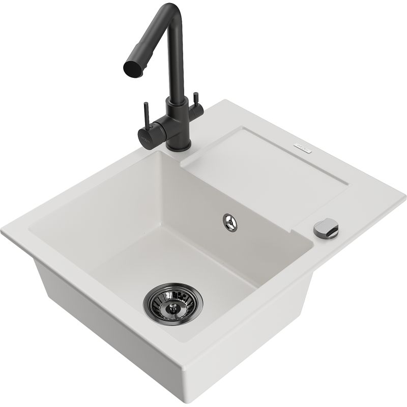 Zlewozmywak granitowy 1-komorowy Mexen Enzo z ociekaczem i baterią kuchenną Duero czarny - 6506-77-671600-50-B 1 szt.