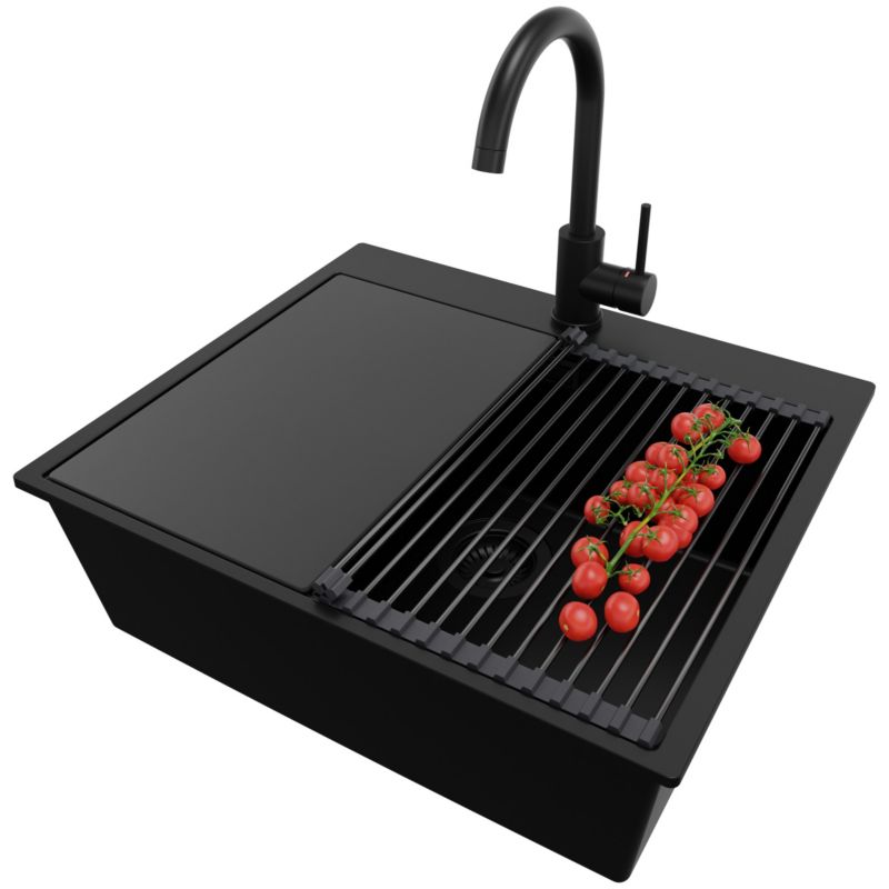 Zlewozmywak Granitowy Oslo PRIMAGRAN Nablatowy 58x50cm do szafki od 60cm z Syfonem i Baterią i Dodatkiem Cały Czarny 1 szt.