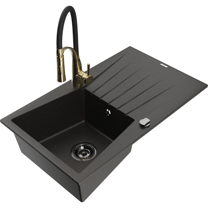 Zlewozmywak granitowy 1-komorowy Mexen Cesar z ociekaczem i baterią kuchenną Aster czarny/złoty metalik 6514-75-73450-57-B