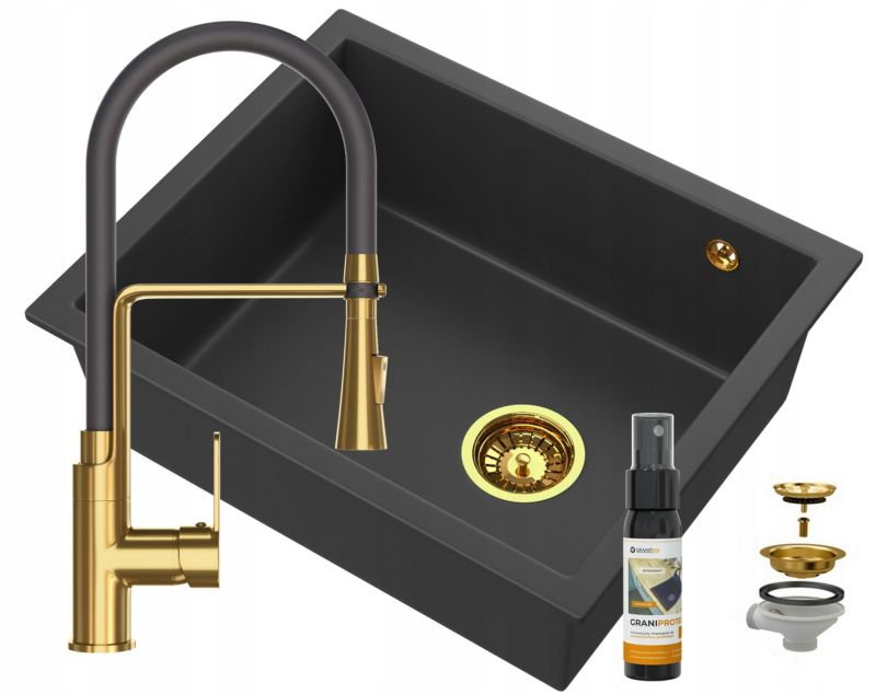 Zlew Granitowy Granitan Jednokomorowy Podblatowy Salix Czarny Bateria Vegas Złota Syfon 1 kpt.