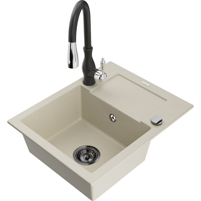 Zlewozmywak granitowy 1-komorowy Mexen Enzo z ociekaczem i baterią kuchenną Savita biały - 6506-20-672601-00 1 szt.