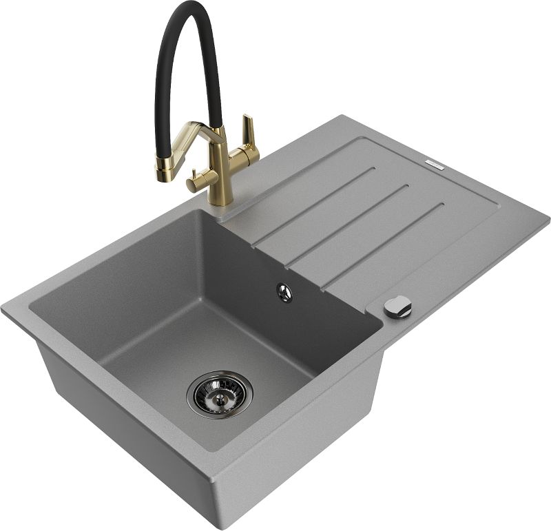 Zlewozmywak granitowy Mexen Bruno 1-komorowy z ociekaczem i baterią kuchenną Duo szary 6513-71-671701-57-B