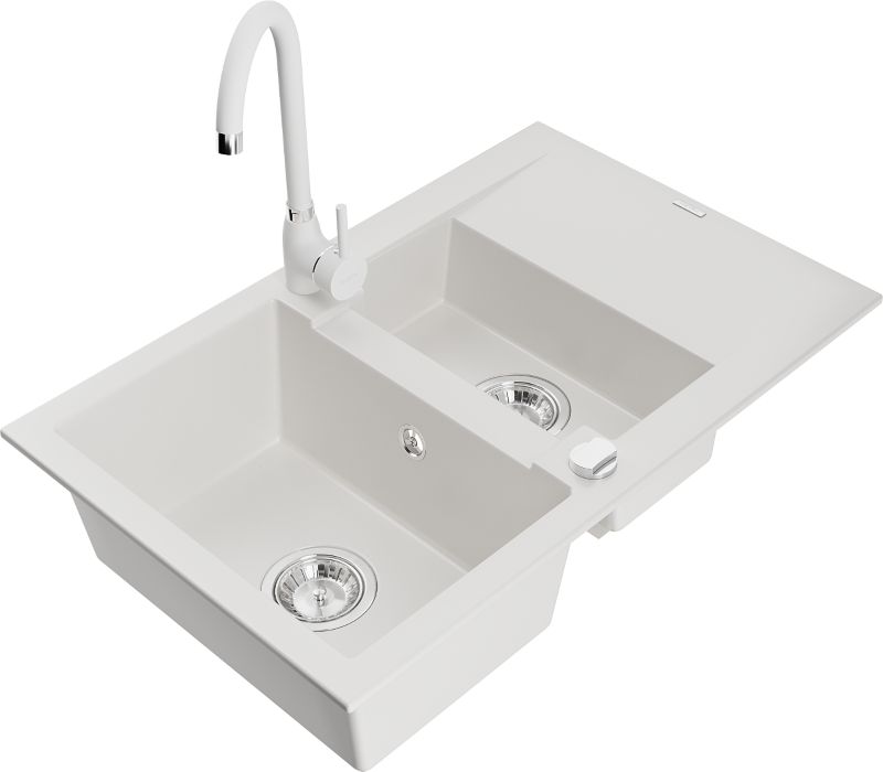 Zlewozmywak granitowy Mexen Gaspar 1,5-komorowy z ociekaczem i baterią kuchenną Telma biały 6507-20-670200-20