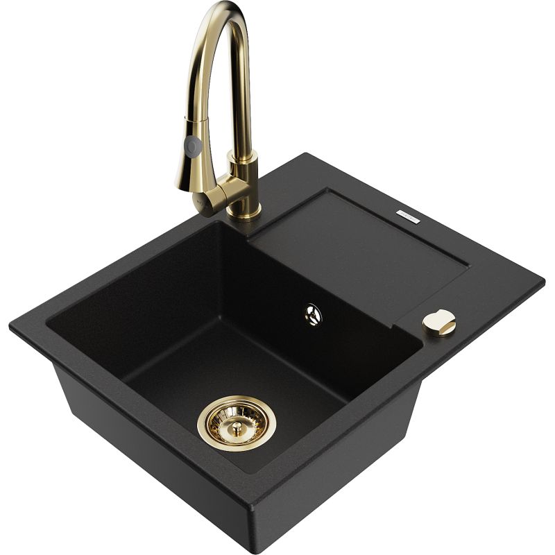 Zlewozmywak granitowy 1-komorowy Mexen Enzo z ociekaczem i baterią kuchenną Elia czarny - 6506-77-670101-50-B 1 szt.