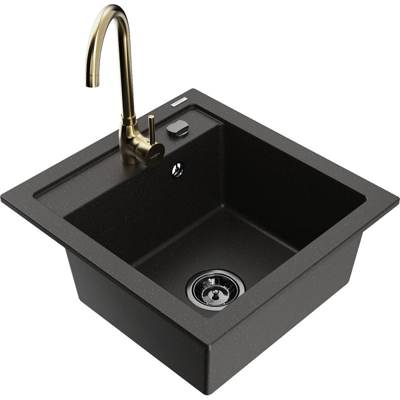 Zlewozmywak granitowy 1-komorowy Mexen Vito z baterią kuchenną Telma czarny/złoty metalik 6503-75-670200-50-B