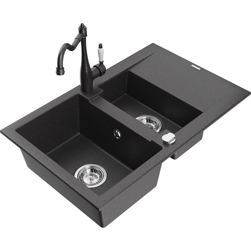 Zlewozmywak granitowy 1.5-komorowy Mexen Gaspar z ociekaczem i baterią Carla czarny nakrapiany - 6507-76-670700-70 1 szt.