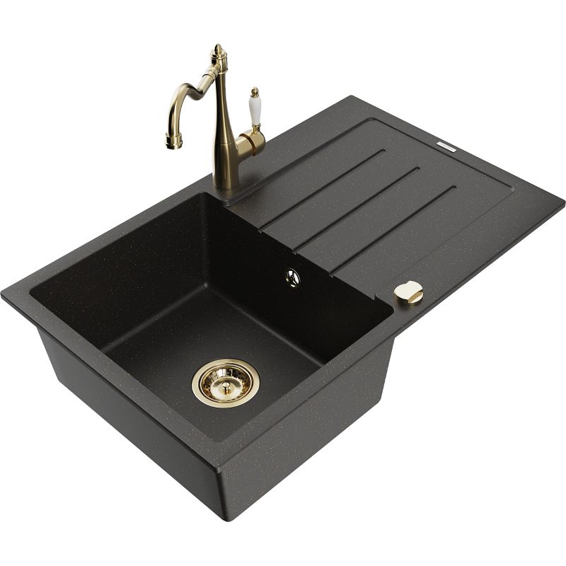 Zlewozmywak granitowy 1-komorowy Mexen Bruno z ociekaczem i baterią kuchenną Carla czarny/złoty metalik 6513-75-670700-50
