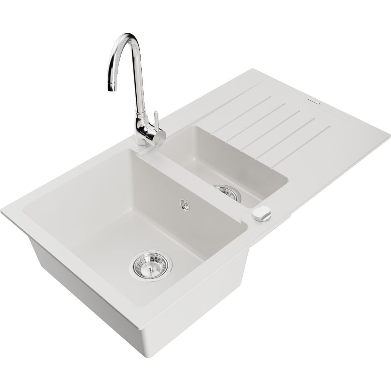 Zlewozmywak granitowy 1.5-komorowy Mexen Matias z ociekaczem i baterią kuchenną Telma biały 6502-20-670200-00