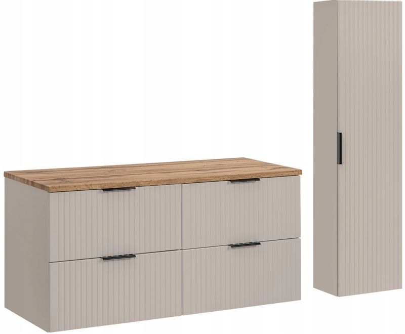 Szafka pod umywalkę i słupek Furnidea 120 cm + 35 cm kaszmir dąb Wotan ryflowany Adel zestaw