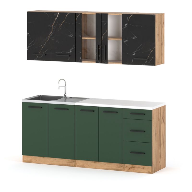 Zestaw Kuchenny Hurtownia-Mebli Z Blatem Kuchnia Rest 200cm Dąb Wotan San Sebastian/Butelkowa Zieleń 200x47x145 cm 1szt.