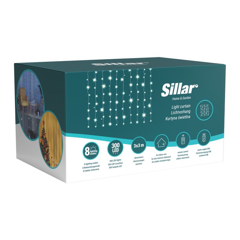 Kurtyna świetlna, Sillar, girlanda, 8 trybów, z pilotem, lampki świąteczne, 300 LED, 3 m, USB, zimny biały, 1szt