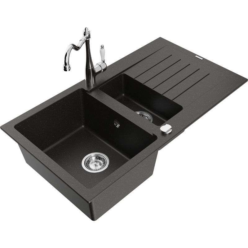 Zlewozmywak granitowy 1.5-komorowy Mexen Matias z ociekaczem i baterią kuchenną Carla czarny/złoty metalik 6502-75-670700-00