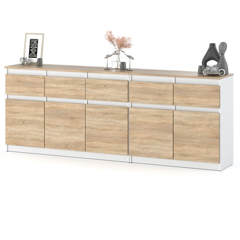 Komoda Hurtownia-Mebli Szuflady 5 komoda Best Oleksa Plus 200cm Biały Mat Dąb Sonoma 200x35x75 cm 1szt.