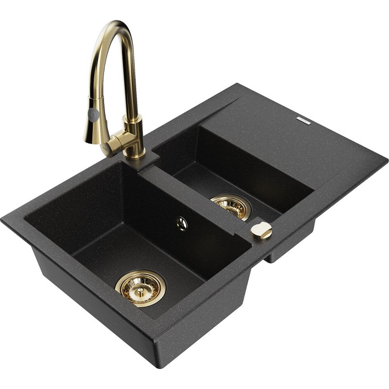 Zlewozmywak granitowy 1.5-komorowy Mexen Gaspar z ociekaczem i baterią kuchenną Elia czarny/srebrny metalik 6507-73-670101-50