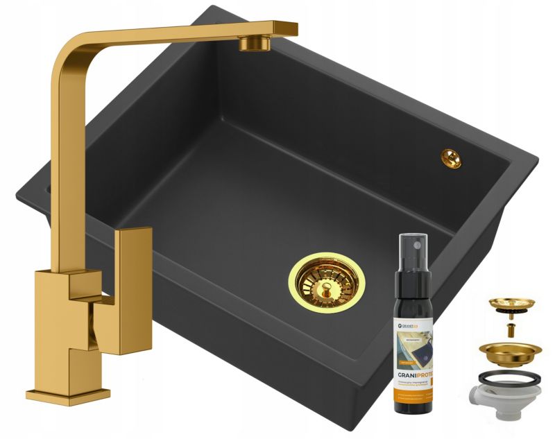 Zlew Granitowy Jednokomorowy Podblatowy Granitan Salix Czarny Bateria Nook Złota Syfon 1 kpl.