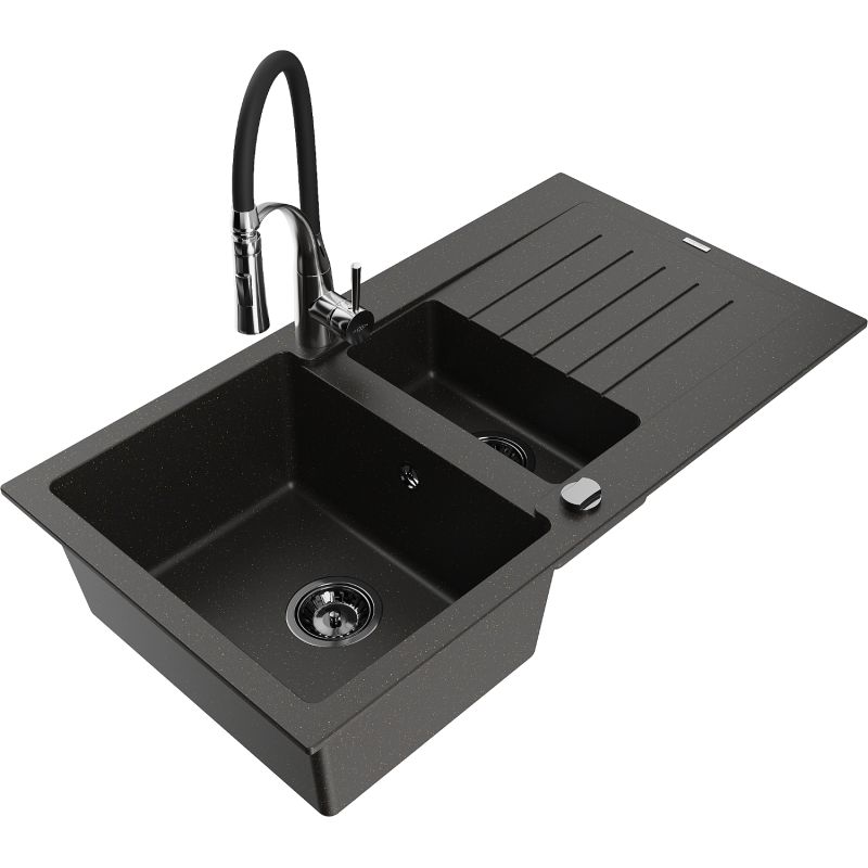 Zlewozmywak granitowy 1.5-komorowy Mexen Matias z ociekaczem i baterią kuchenną Aster czarny/złoty metalik 6502-75-73450-07-B