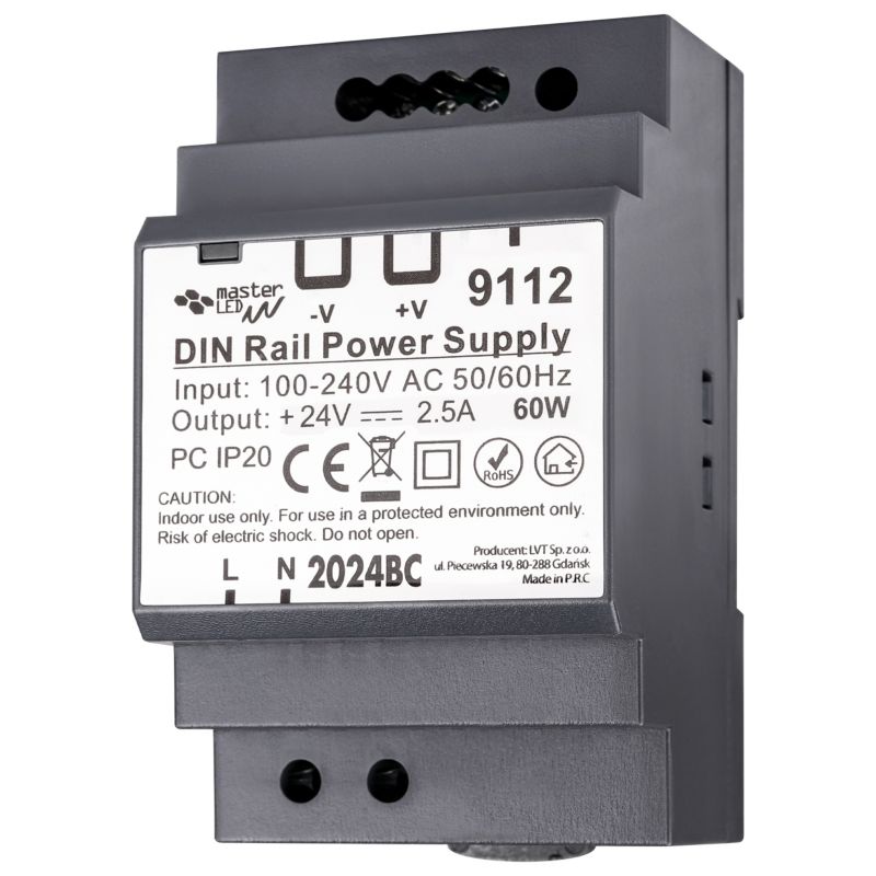 Zasilacz LED MasterLED na szynę DIN 24V 60W 2.5A IP20 52x58.5x92.5 mm 1 szt.