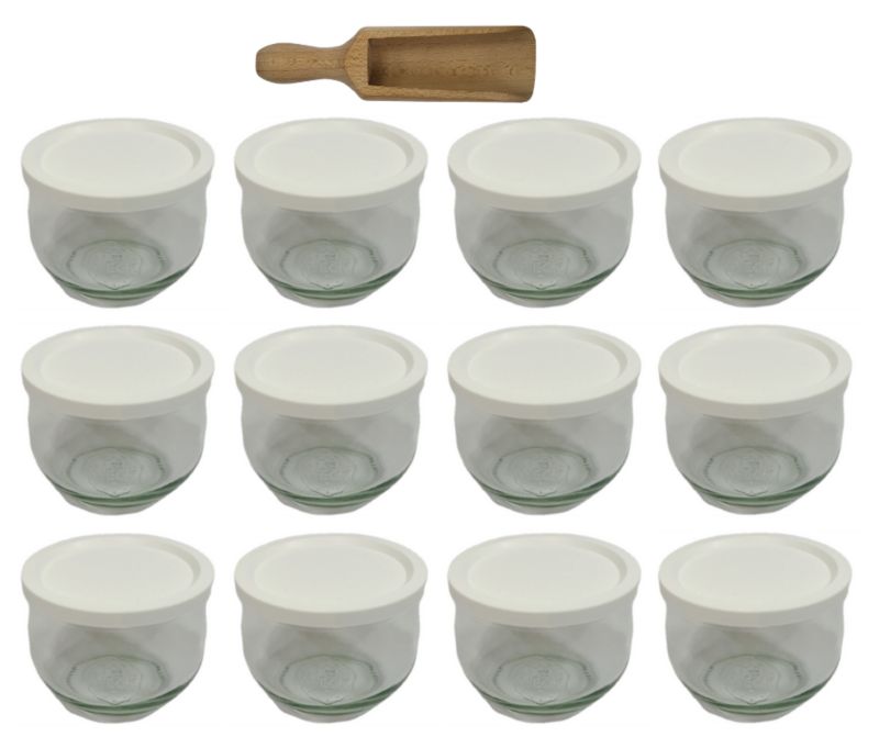 Słoiki MODO24 Weck 370 ml fi 80 tulip plastikowe wieka miarka 12 kpl.