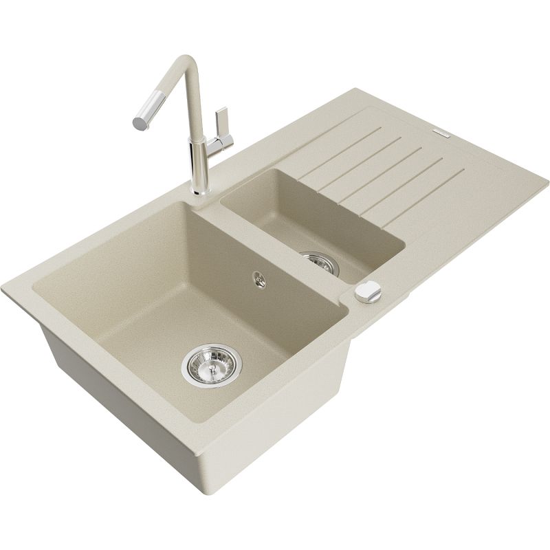 Zlewozmywak granitowy 1.5-komorowy Mexen Matias z ociekaczem i baterią kuchenną Flora beżowy 6502-69-670401-09