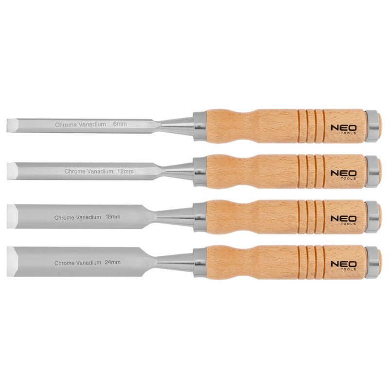 Dłuta NEO TOOLS 6, 12, 18, 24 mm, zestaw 4 szt. Uchwyt drewniany 1 kpl
