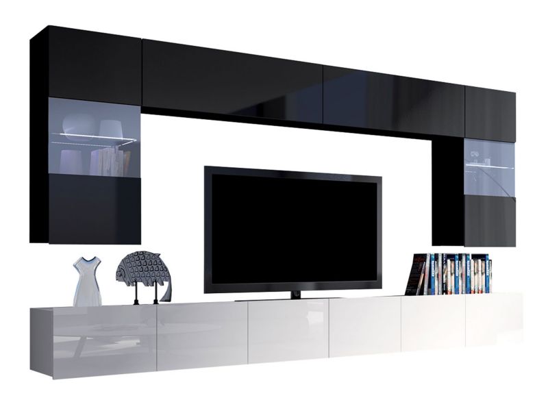 Meblościanka MIRJAN 24 Calabrini I z oświetleniem LED - niebieskie czarny połysk/biały/biały połysk 1 kpl.