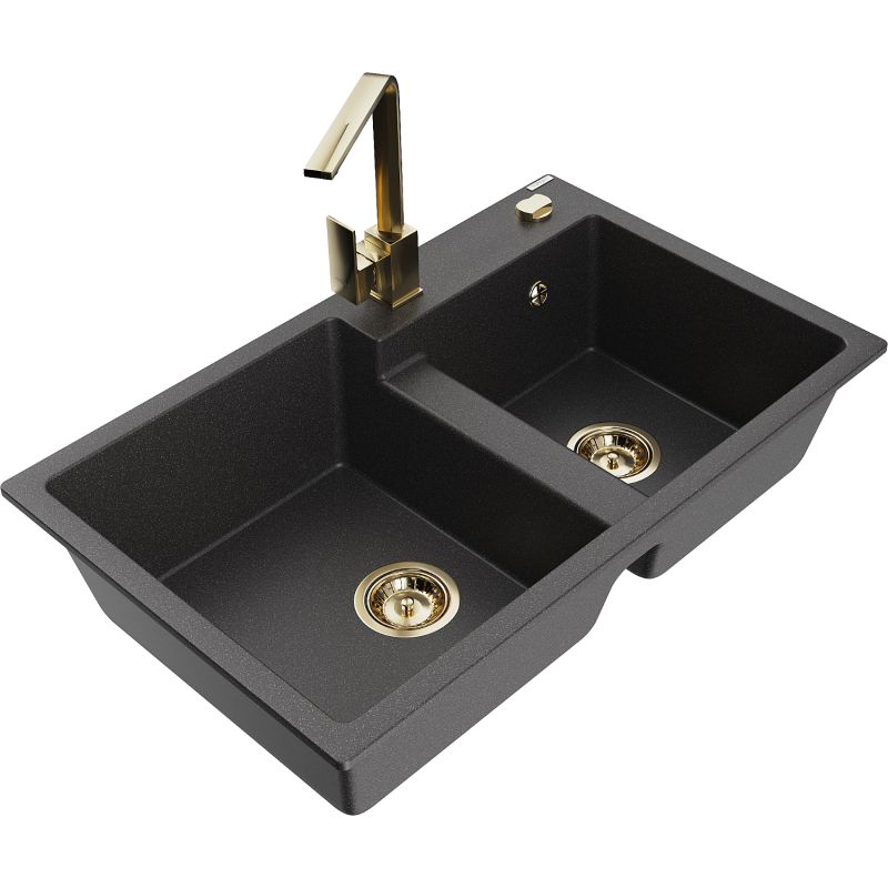 Zlewozmywak granitowy 2-komorowy Mexen Tomas z baterią kuchenną Rita czarny nakrapiany 6516-76-670300-50