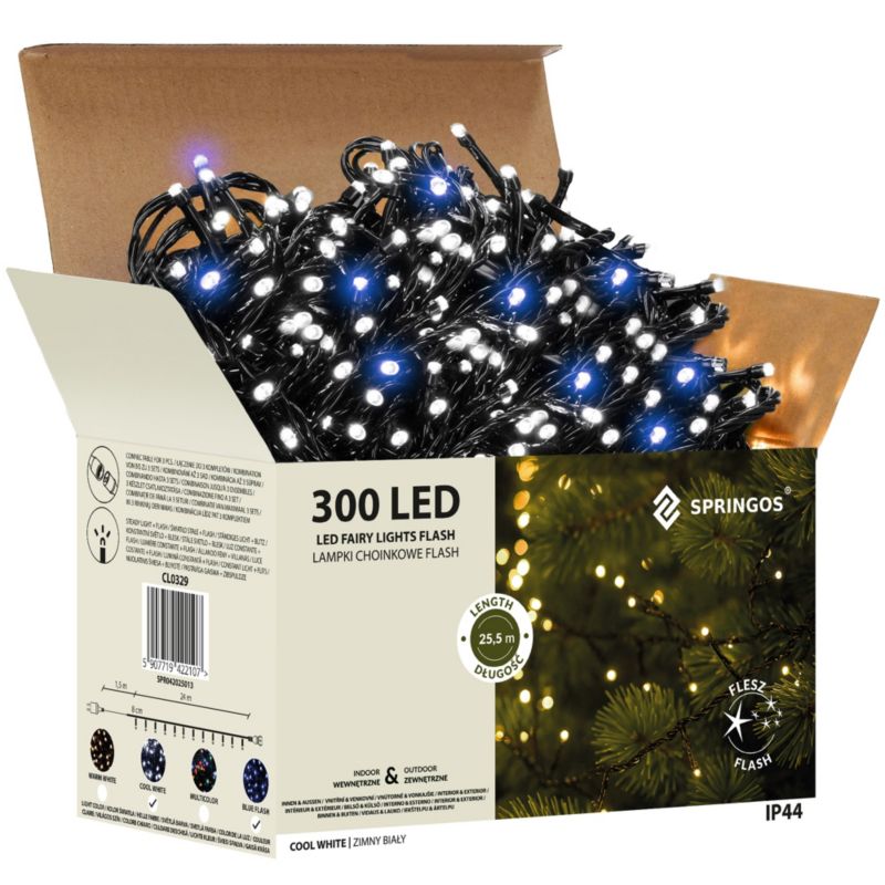 Lampki choinkowe Springos 300 led zimny biały, flash niebieski 25,5 m oświetlenie świąteczne IP44 1 szt.