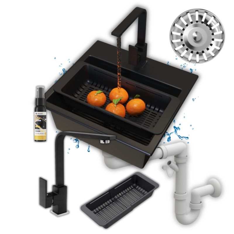 Zlew granitowy Kuchenny Granitan Minijednokomorowy czarny Bateria Syfon Ociekarka 1kpl.