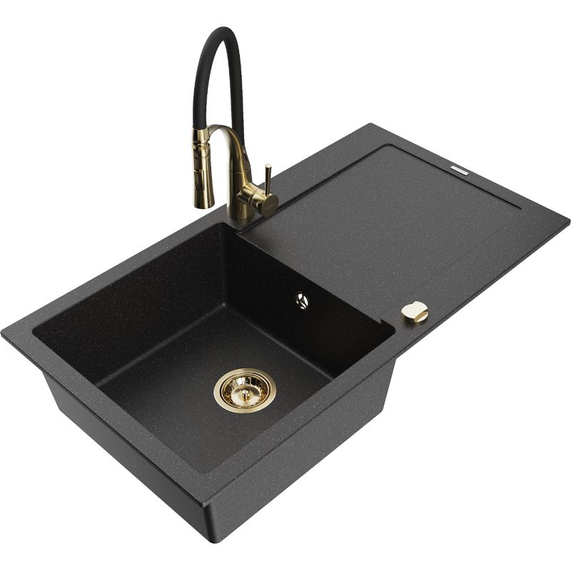 Zlewozmywak granitowy 1-komorowy Mexen Leo z ociekaczem i baterią kuchenną Aster czarny/srebrny metalik 6501-73-73450-57-G