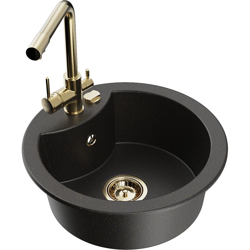 Zlewozmywak granitowy 1-komorowy Mexen Diego z baterią kuchenną Duero czarny/złoty metalik 6512-75-671600-50