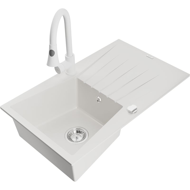 Zlewozmywak granitowy 1-komorowy Mexen Cesar z ociekaczem i baterią kuchenną Elia biały 6514-20-670101-20