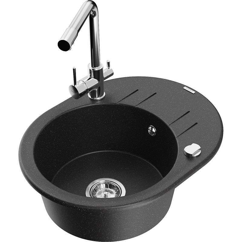 Zlewozmywak granitowy 1-komorowy Mexen Kevin z ociekaczem i baterią Duero czarny/srebrny metalik - 6517-73-671600-70 1 szt.