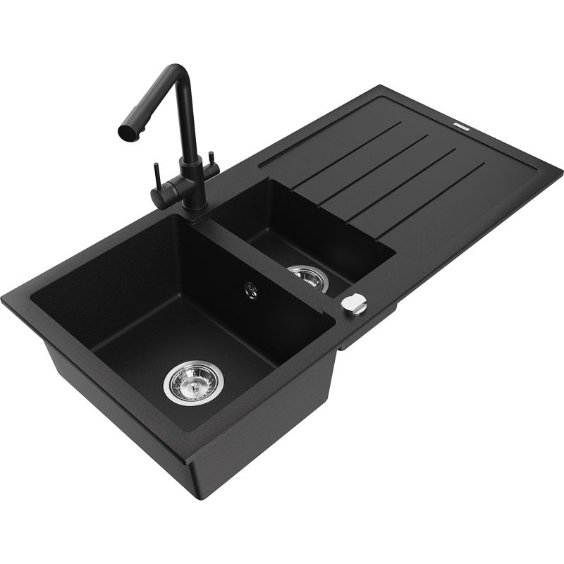 Zlewozmywak granitowy 1.5-komorowy Mexen Andres z ociekaczem i baterią kuchenną Duero czarny - 6515-77-671600-50-B 1 szt.