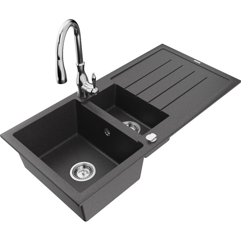 Zlewozmywak granitowy 1.5-komorowy Mexen Andres z ociekaczem i baterią Savita czarny nakrapiany - 6515-76-672601-76 1 szt.