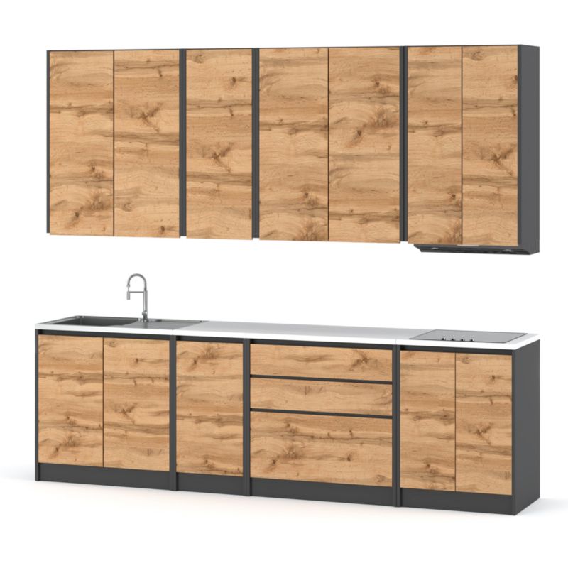 Zestaw Kuchenny Hurtownia-Mebli Z Blatem Kuchnia Bella 260cm Szary Mat Dąb Wotan 260x47x185 cm 1szt.