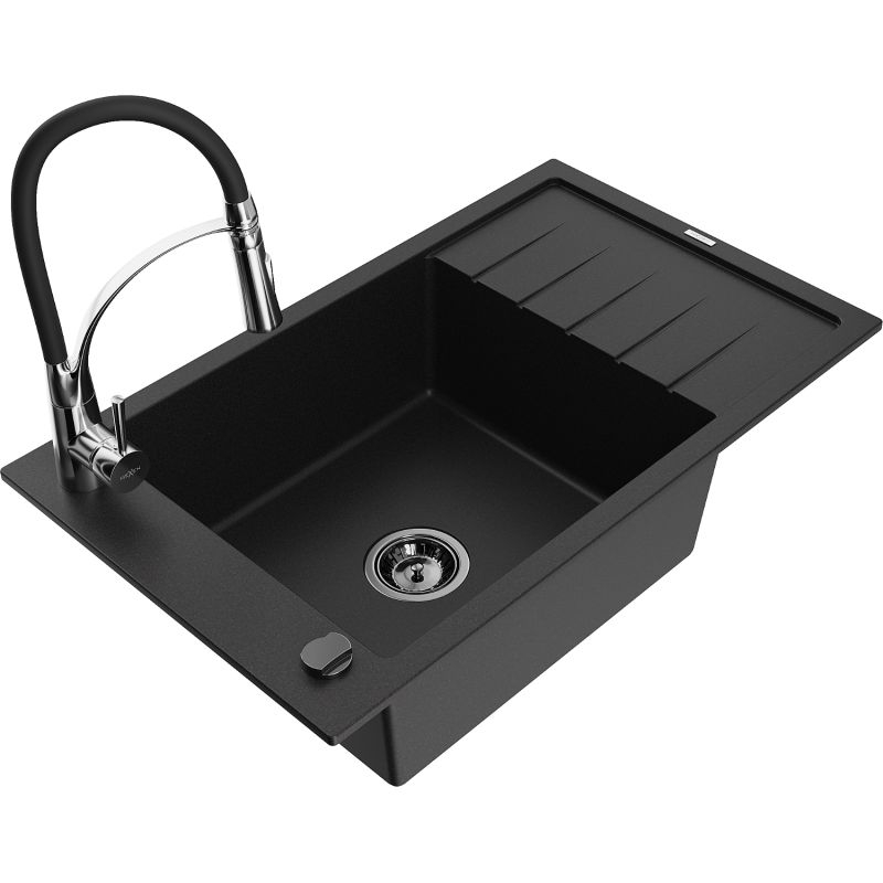Zlewozmywak granitowy 1-komorowy Mexen Elias z ociekaczem i baterią kuchenną Aster czarny 6511-77-73450-07-B