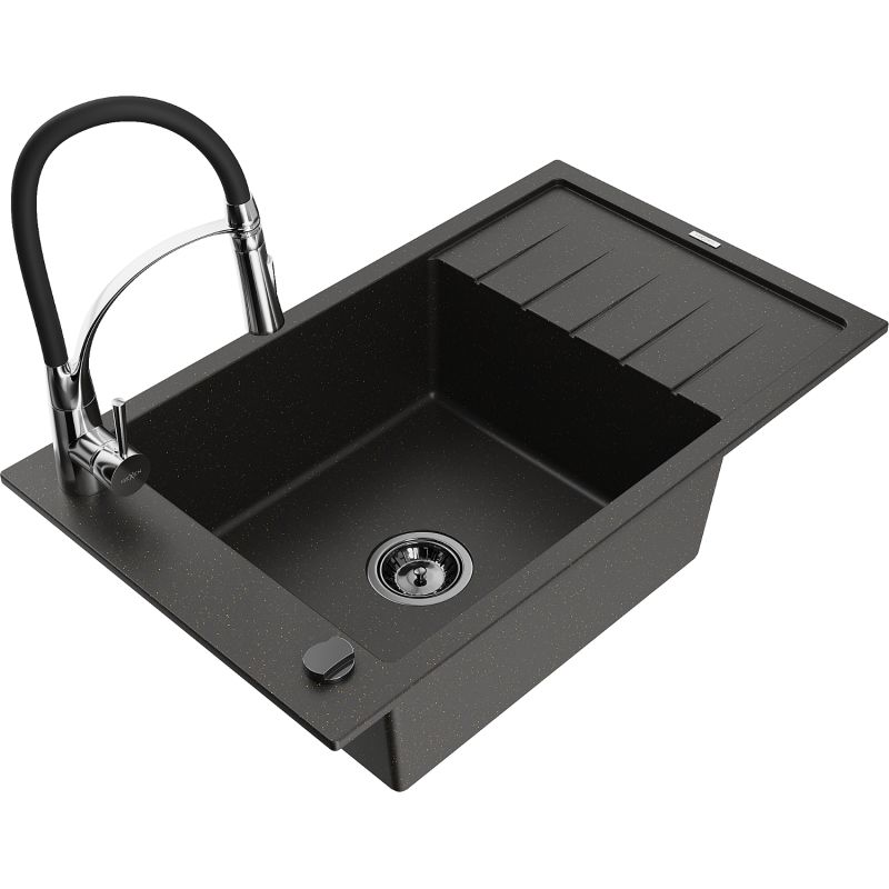 Zlewozmywak granitowy 1-komorowy Mexen Elias z ociekaczem i baterią kuchenną Aster czarny/złoty metalik 6511-75-73450-07-B