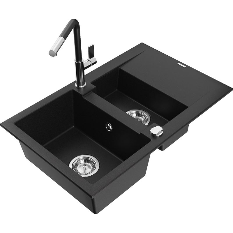 Zlewozmywak granitowy 1.5-komorowy Mexen Gaspar z ociekaczem i baterią kuchenną Flora czarny 6507-77-670401-07