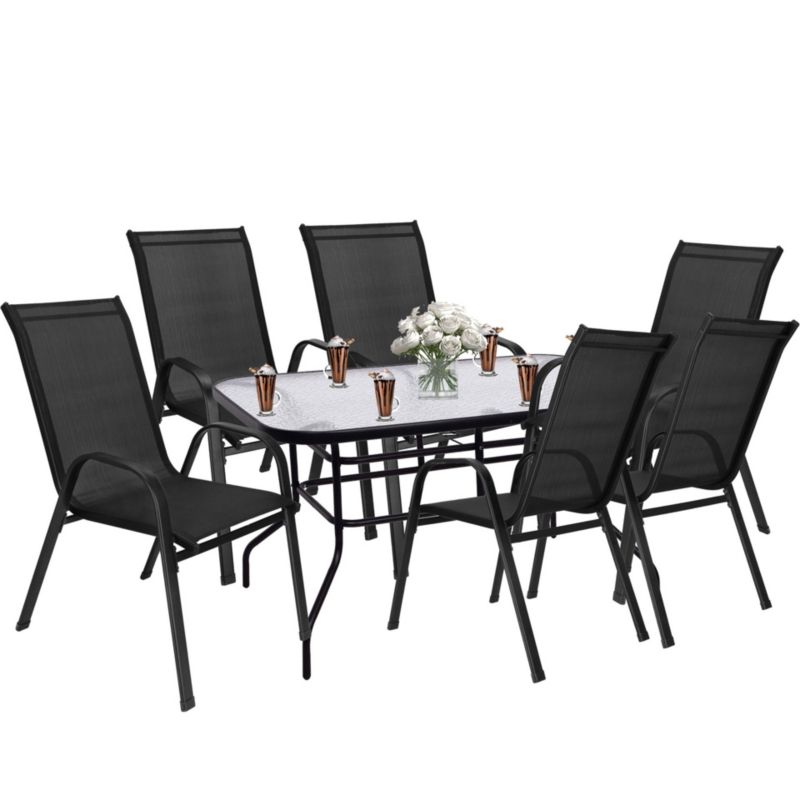 Zestaw mebli ogrodowych dla 6 osób Springos stół ze szkłem hartowanym 6 krzeseł, metalowe, czarne 1 kpl.